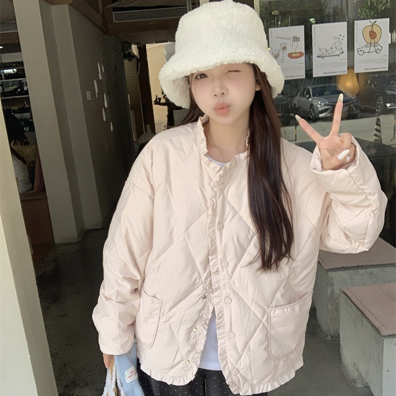 实拍实价~ 设计感短款菱格小个子韩版外套白鸭绒花边轻薄羽绒服女