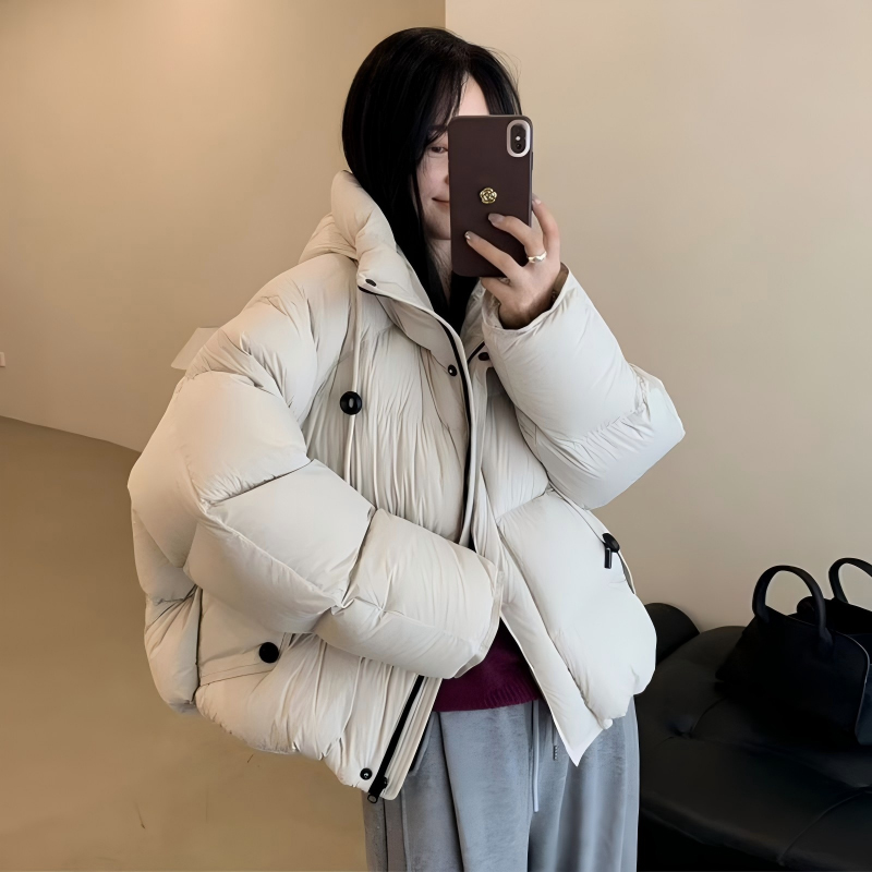 实力工厂高端连帽泡芙感羽绒服女冬季抽绳保暖宽松白鸭绒面包服外